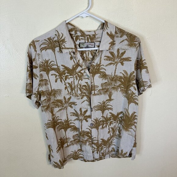 Carribean Joe Womens Tan Tropical Palm Tree Short Sleeve Linen Top Shirt Medium - Picture 6 of 6